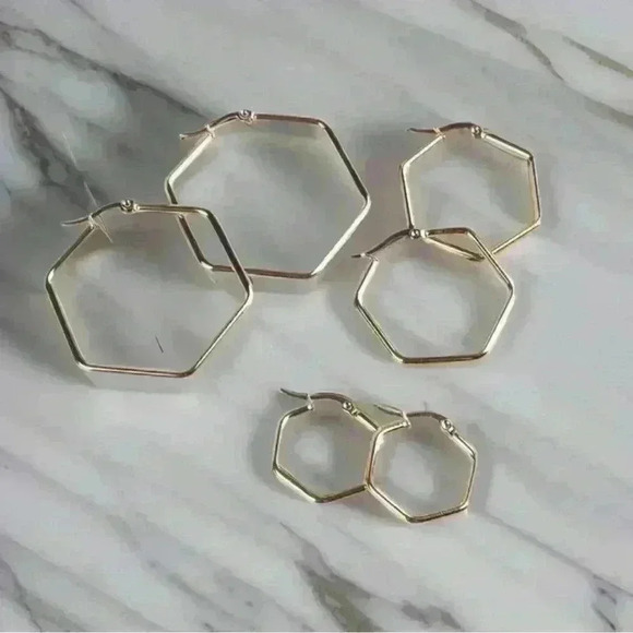 Hexagonal Gold-plated Hoops 3 pair set - Picture 1 of 4